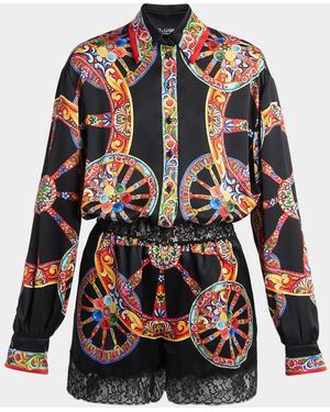 Dolce & Gabbana Carretto-Print Silk Long-Sleeve Collared Romper - Multicolor