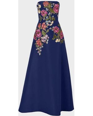Carolina Herrera Strapless Floral-Embroidered Silk Gown - Blue
