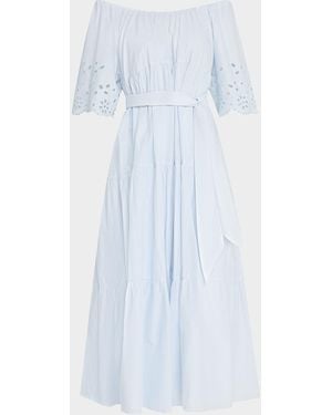 Merlette Berenson Tiered Eyelet-Embroidered Midi Dress - Blue