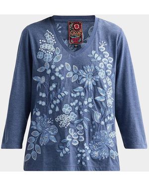 Johnny Was Sarai Floral-Embroidered Cotton T-Shirt - Blue