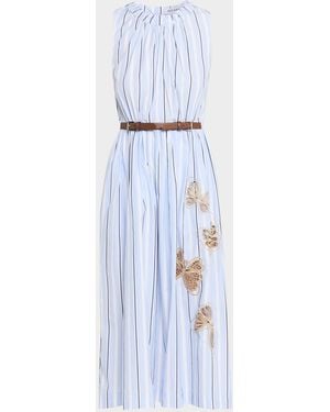 Dice Kayek Butterfly Embroidered Striped Cotton Midi Dress - Blue