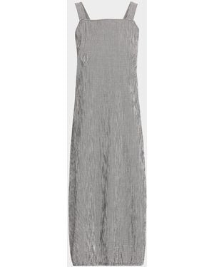 Eileen Fisher Crinkled Organic Cotton Check Lantern Midi Dress - Gray