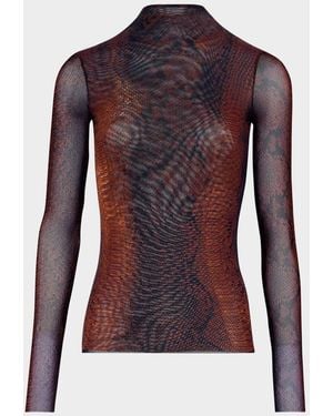 Jean Paul Gaultier Snakeskin-Print Mesh High-Neck Long-Sleeve Top - Red