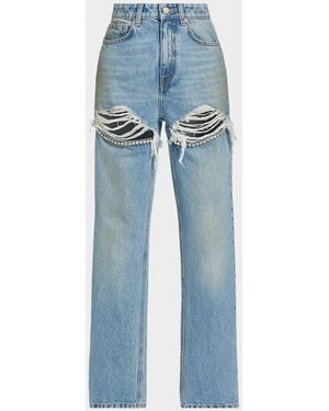 Area Crystal Frayed Slit Barrel-Leg Jeans - Blue