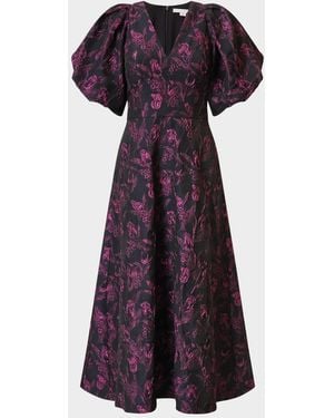 Kay Unger Grace Blouson-Sleeve Floral Jacquard Midi Dress - Purple