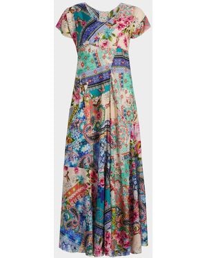 Johnny Was Patchwork Silk A-Line Maxi Dress - Blue