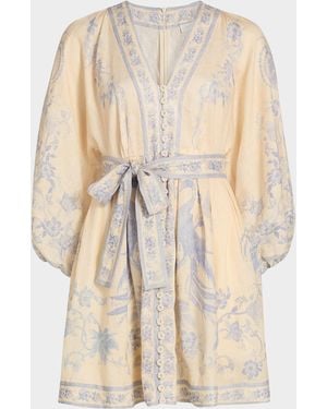 Zimmermann Indra Floral Plunge Linen Minidress - Natural