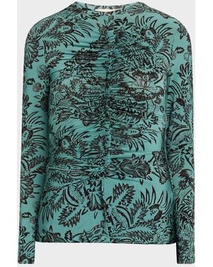 Ulla Johnson Asha Floral-Print Ruched Long-Sleeve T-Shirt - Green