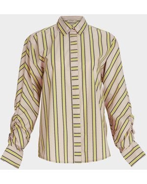 Silvia Tcherassi Caritina Striped Ruched-Sleeve Button-Down Blouse - White