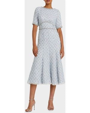 Mac Duggal Short-Sleeved Beaded Tweed Midi Dress - Blue