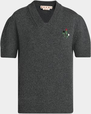 Marni Floral Embroidered Wool-Cashmere Sweater - Black