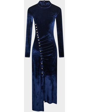 Rabanne Mock-Neck Asymmetric Ruched Velvet Midi Dress - Blue