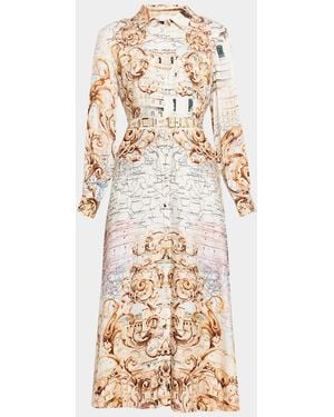 Tahari The Anna Swirling Map-Print Midi Shirtdress - Natural