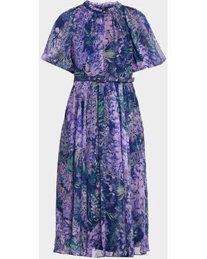 THEIA Marisol Floral-Print Pebbled Chiffon Midi Dress - Blue