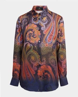 Etro Ombre Paisley-Print Chiffon Button-Down Shirt - Red