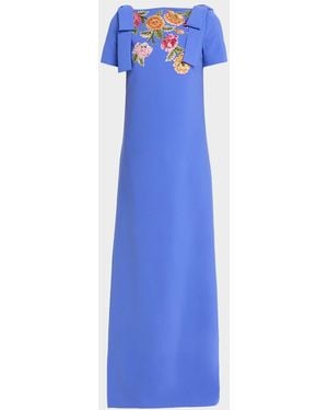 Carolina Herrera Embroidered Bow-Shoulder A-Line Gown - Blue