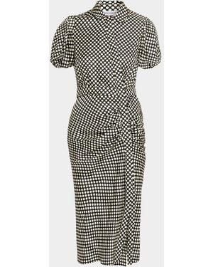 Dice Kayek Puff-Sleeve Ruched Polka-Dot Silk Midi Dress - Gray