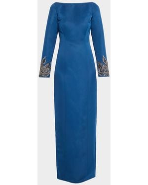 THEIA Thea Embroidered Duchess Satin Column Gown - Blue
