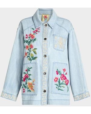 Johnny Was Oversized Floral-Embroidered Denim Jacket - Blue