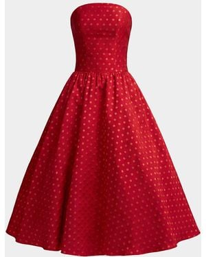Mac Duggal Polka Dot Brocade Strapless Midi Dress - Red