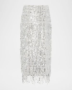 MILLY Roxanne Fringe Sequin Midi Skirt - White
