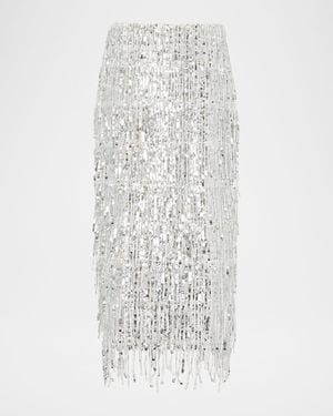 MILLY Roxanne Fringe Sequin Midi Skirt - White
