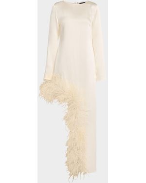 LAPOINTE Feather-Trim Asymmetric Long-Sleeve Satin Dress - White