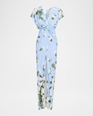 Prabal Gurung Jackie Floral-Print Short-Sleeve Twisted Gown - Blue