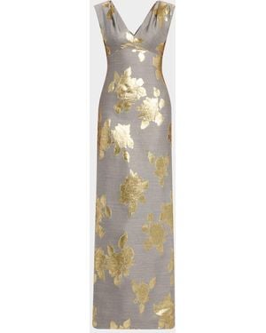 Lela Rose V-Neck Metallic Floral Jacquard Empire Gown
