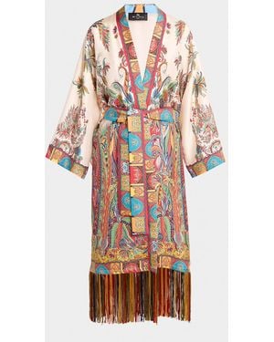 Etro Belted Paisley Silk Fringed Dustcoat - White