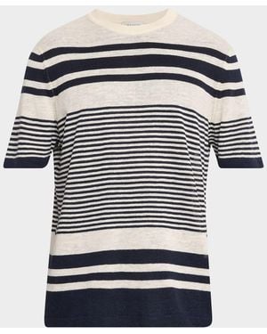 Bugatchi Apos;S Linen And Cotton Knit Multi-Stripe Short-Sleeve Crewneck Sweater - Blue