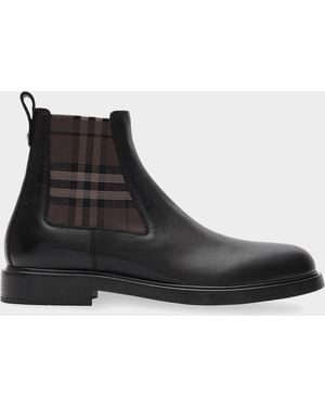 Burberry Apos;S Pembroke Leather & Check Chelsea Boots - Black