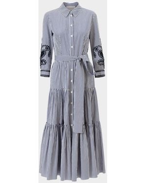 Carolina Herrera Paisley Embroidered 3/4-Sleeve Tiered Midi Shirtdress - Blue