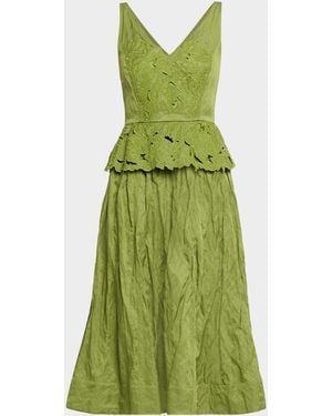 Jason Wu Sleeveless Floral Embroidered Peplum Midi Dress - Green