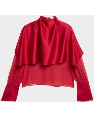 Et Ochs Aurelia Satin Capelet Long-Sleeve Top - Red