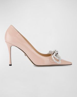 Mach & Mach Embellished Double Bow Patent Leather Pumps - Pink