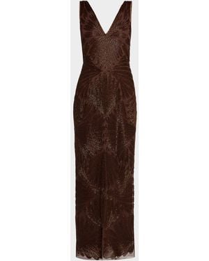 Aidan Mattox Backless Draped Beaded Column Gown - Brown