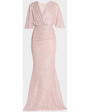 Talbot Runhof Floral Metallic Draped V-Neck Gown - Pink