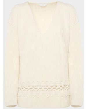 Malo Alma Embroidered Cashmere Rib V-Neck Sweater - Natural