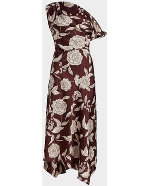 Tanya Taylor Loretta Floral Satin One-Shoulder Midi Dress - Multicolor