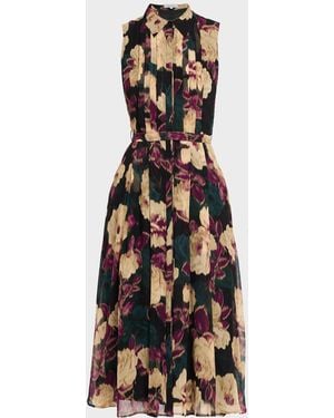 Teri Jon Pleated Floral-Print Chiffon Midi Shirtdress - White