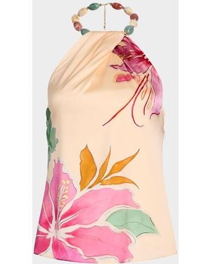 retroféte Milani Beaded Silk Halter Top - Pink