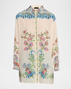 Etro Floral Silk Button-Down Tunic Shirt - White