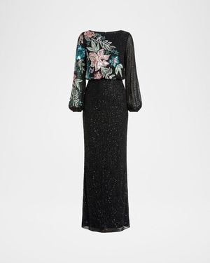 Mac Duggal Beaded Floral Sequin Column Gown - Black