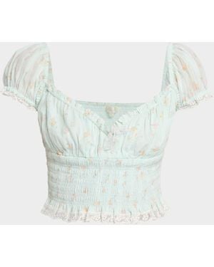 LoveShackFancy Daini Smocked Floral Top - Blue