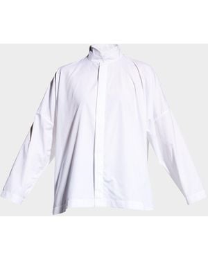 Eskandar Wide Longer-Back Double Stand Collar Shirt (Mid Plus Length) - White