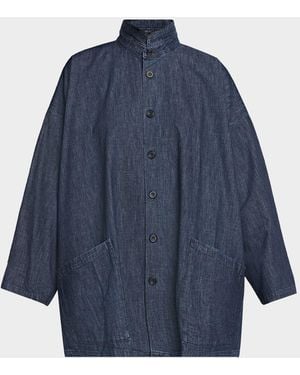 Eskandar Cotton Denim Angle To Front Double Stand Collar Jacket - Blue