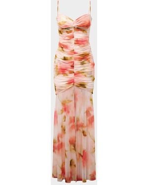 BCBGMAXAZRIA Soraya Ruched Floral-Print Mesh Gown - White