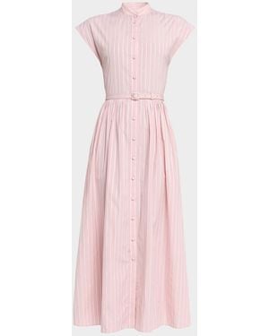 Adam Lippes Genevieve Striped Cotton Pleated Midi Shirtdress With Belt - Pink