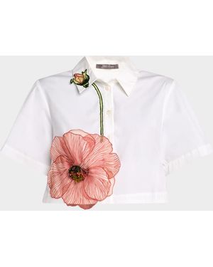 Lela Rose Peony Embroidered Crop Button-Down Shirt - White